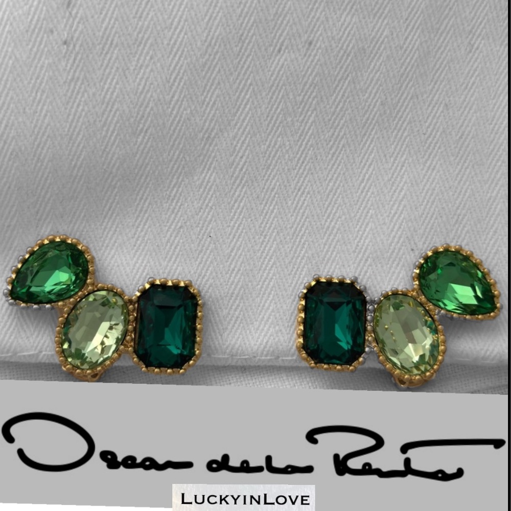 OSCAR de La Renta • Emerald-Cut Scramble Ear Cuffs Clip On Earrings . Greens - Picture 5 of 7